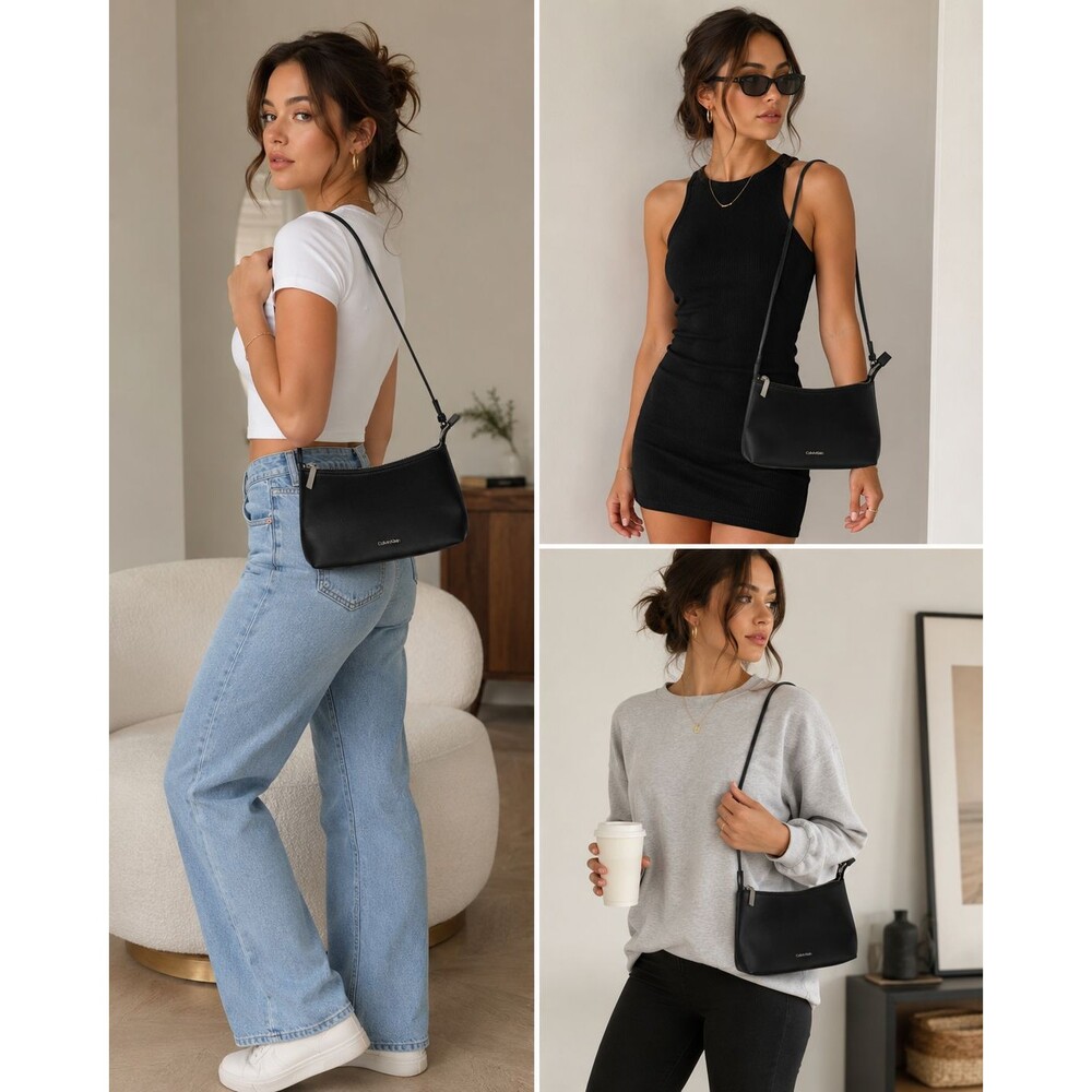 Calvin Klein Black Mini Shoulder Bag Card Holder Zip Top Y2K Baguette Purse